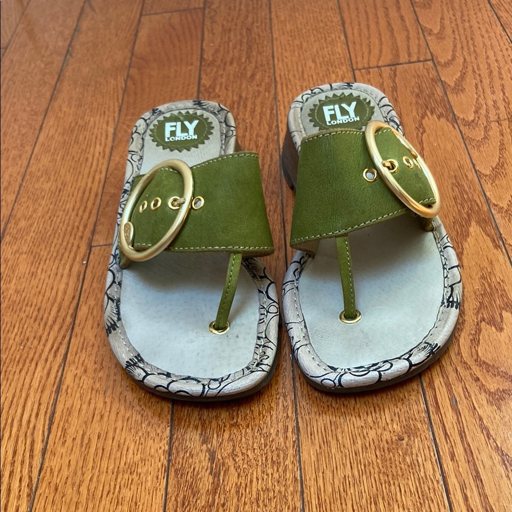 Olive Green Thong Sandals with Cork Sole and White Stitching